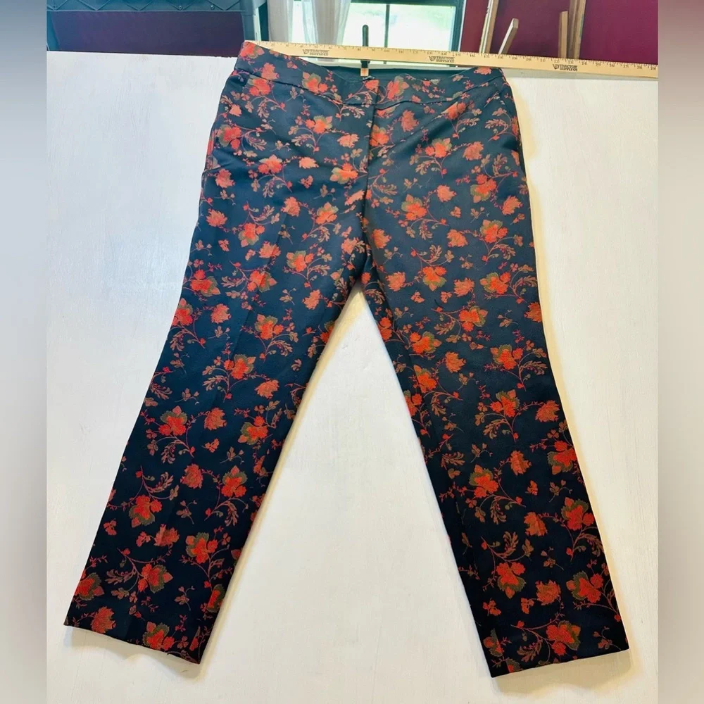 LOFT Marisa Fit Floral Dress Pants Size 14 Navy & Red Tapestry Brocade - Picture 1 of 11